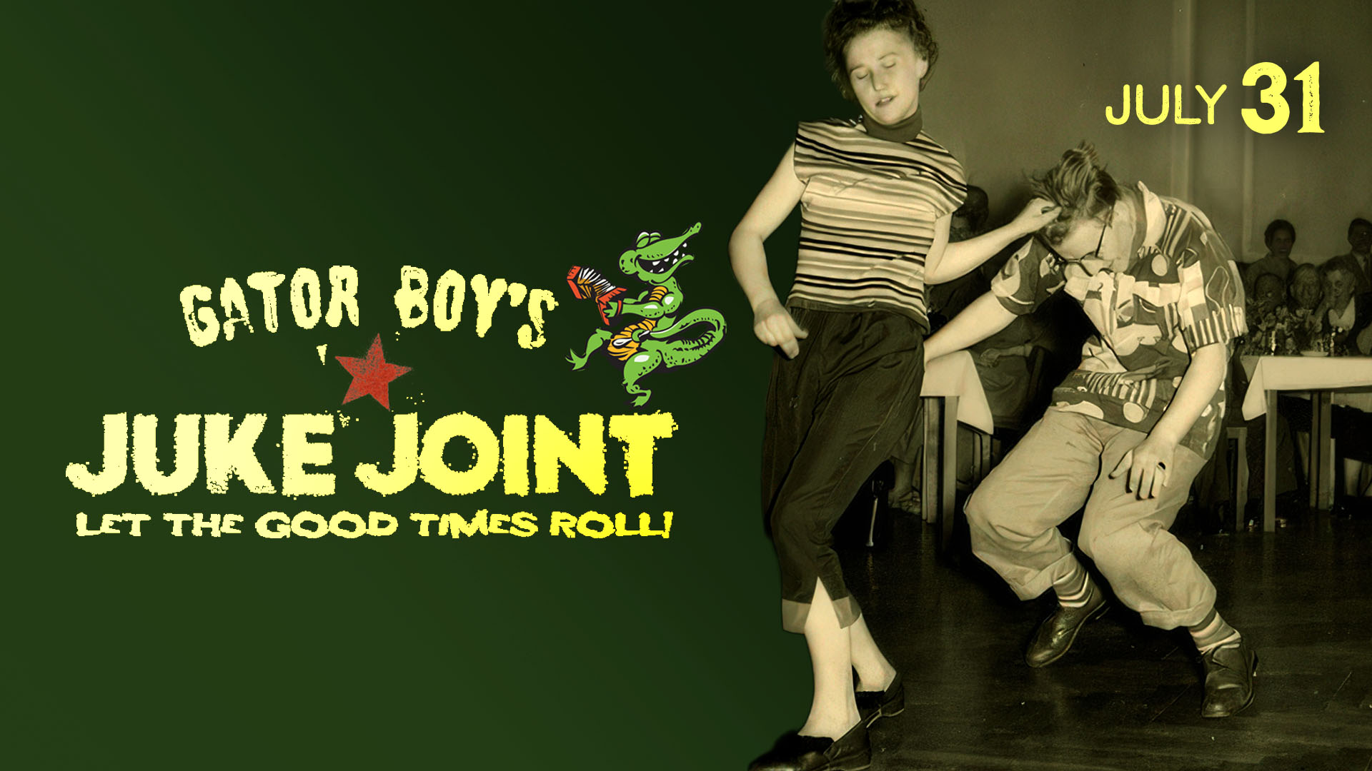 0731 2026 GBJJ 16x9 horiz Vintage dancers on promo graphic for Gator Boy's Juke Joint July 31