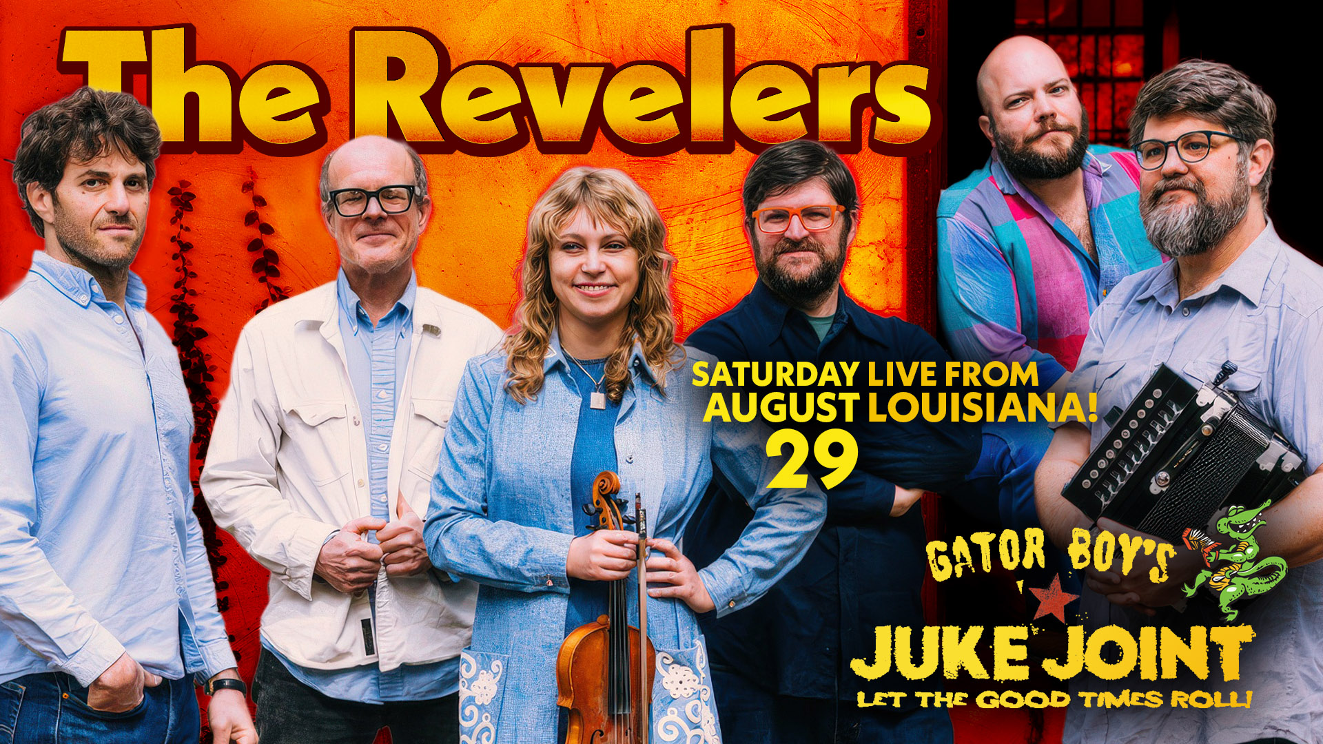 Photo of the six members of The Revelers, playing Gator Boy's Juke Joint August 29