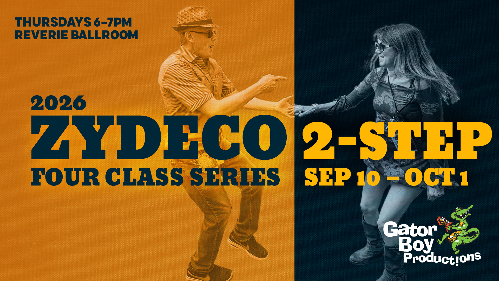 Photo of Sean Donovan & Erika Olsen dancing, Zydeco 2-step classes start Sep.10 at Reverie Ballroom