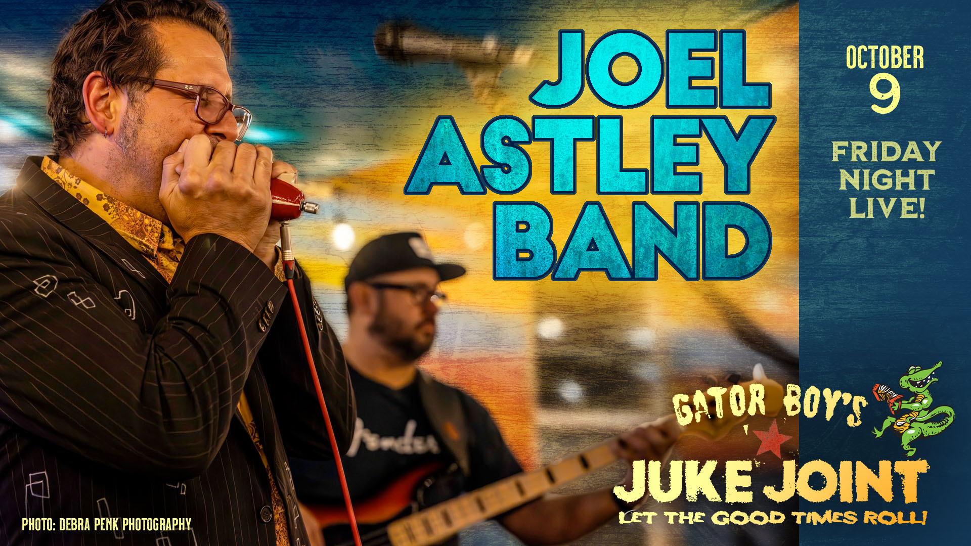Joel Astley playing harmonica, in a graphic promoting October 9 live music dance at Gator Boy's Juke Joint