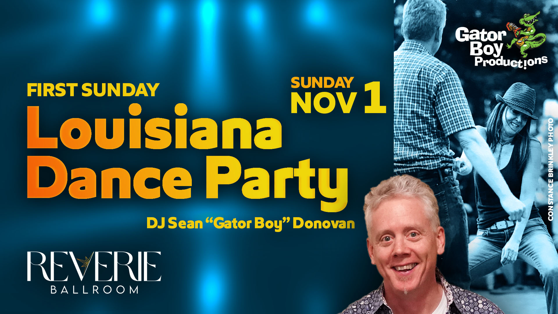 Photo of DJ Gator Boy and Zydeco dancers promoting November 1 Louisiana Dance Party at Reverie Ballroom